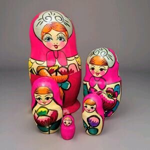 Set Of 5 Wooden Russian Nesting Dolls Hand Painted 4" Braid Hot Pink Vintage